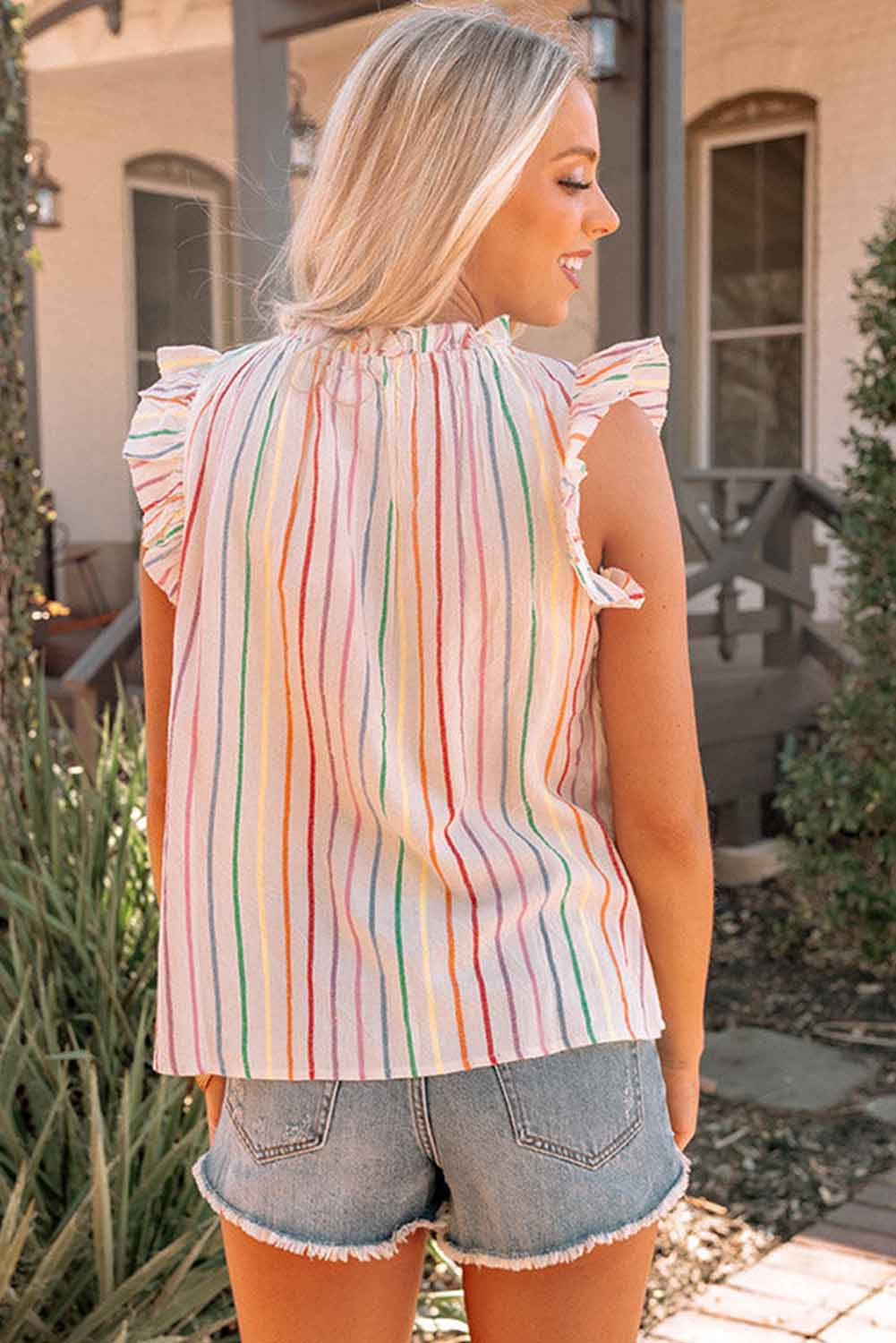 Rainbow Striped Flutter Sleeve Top