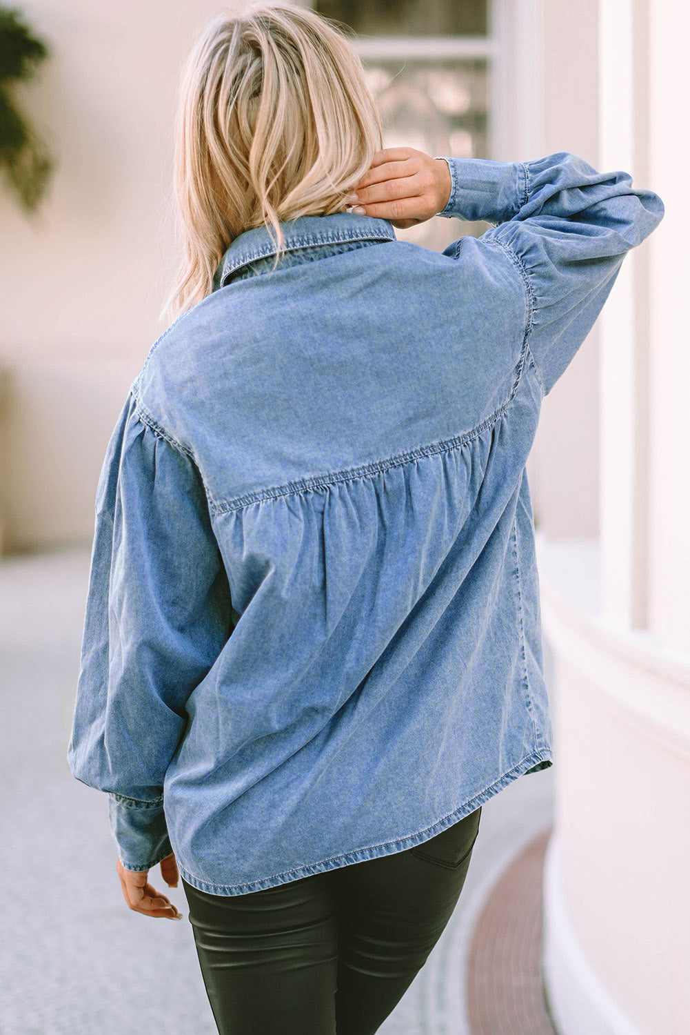 Sky Blue Puff Sleeve Denim Shirt