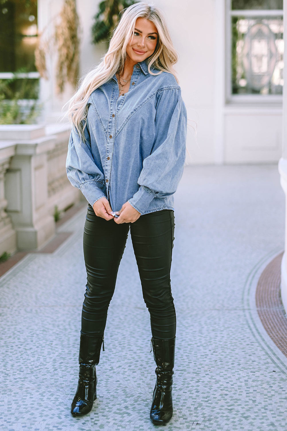 Sky Blue Puff Sleeve Denim Shirt