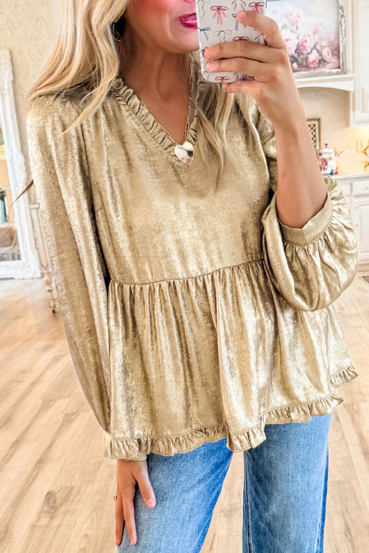 Gold Metallic Frilled Babydoll Blouse