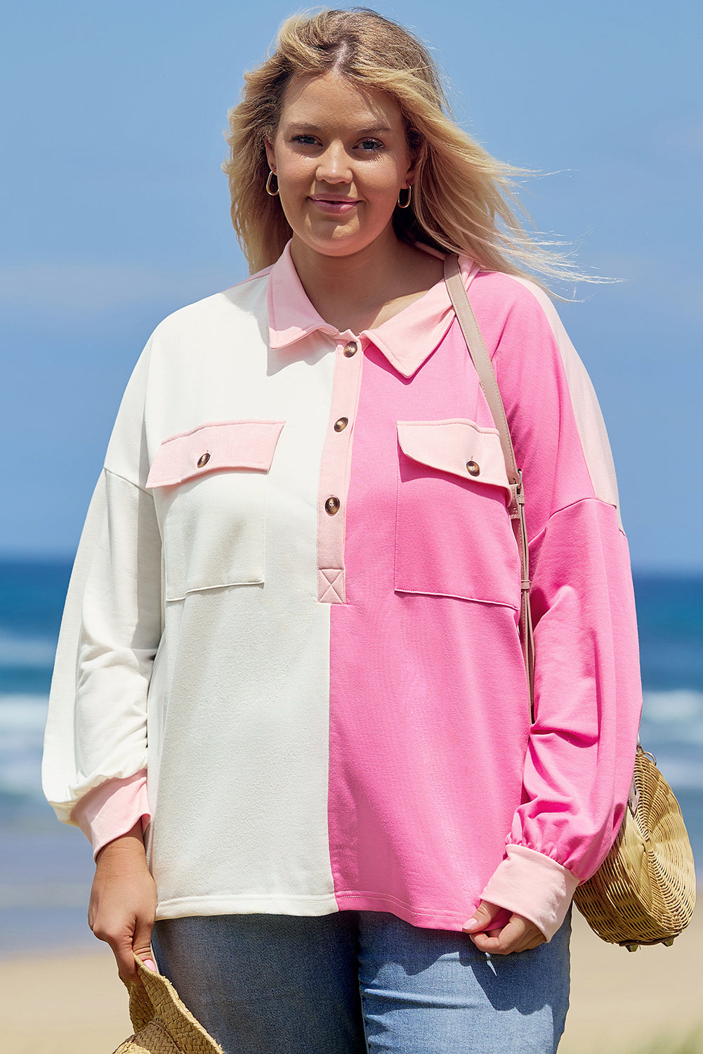 Pink Block Half Button Plus Size Top