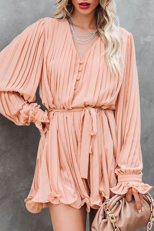 Pink Pleated Ruffled Romper