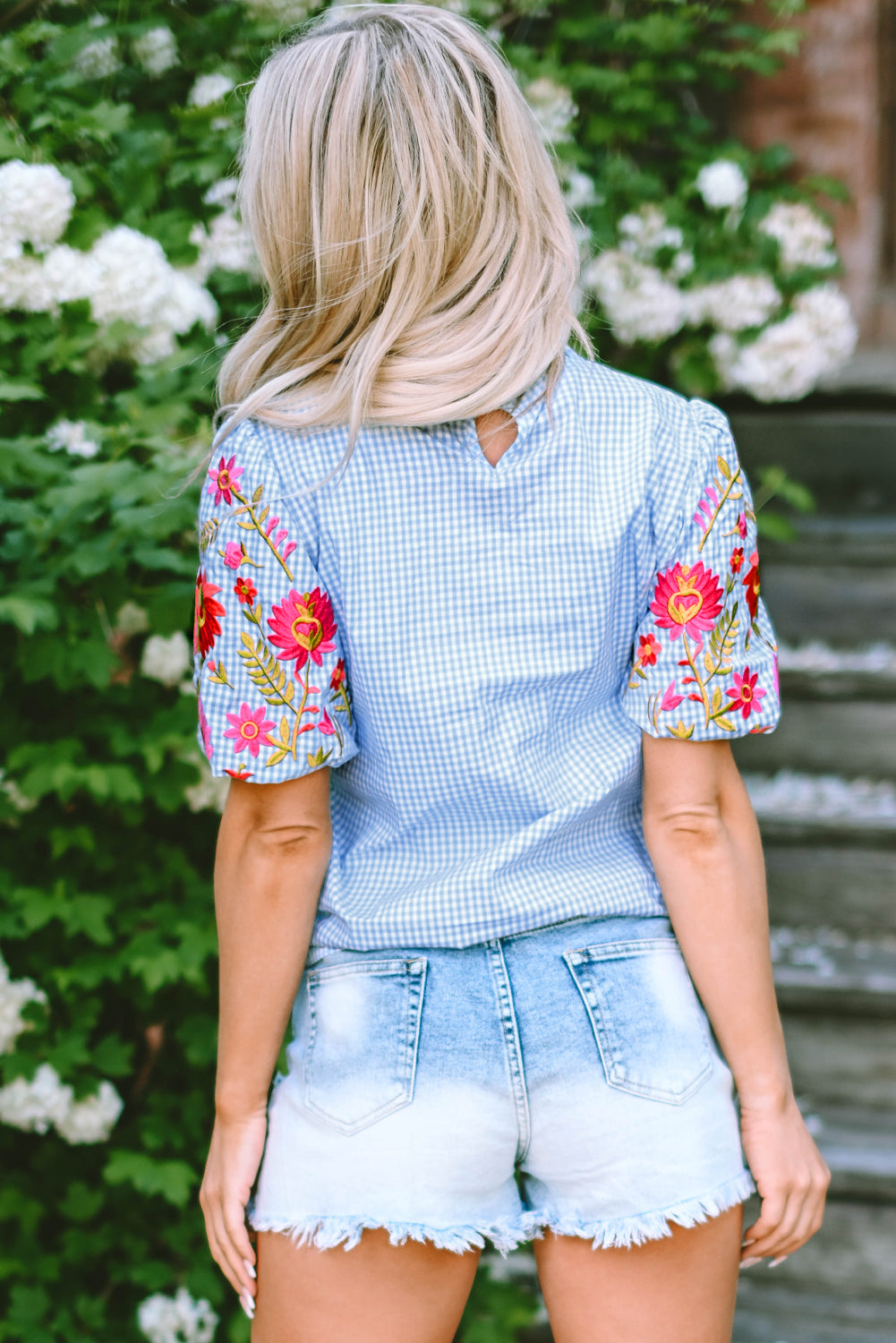 Light Blue Gingham Floral Embroidered Sleeve Top