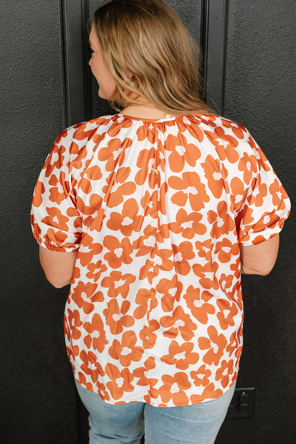 Plus Size Orange Floral Drawstring Top