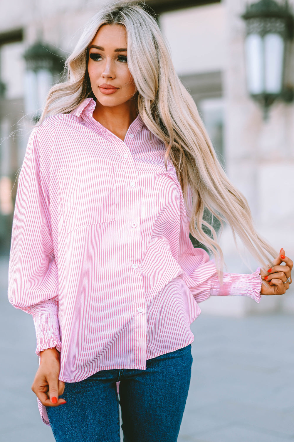 Pink Striped Boyfriend Shirt with Pocket Top