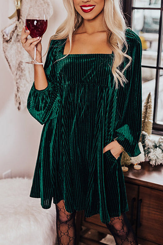 Green Tie Back Velvet Babydoll Dress