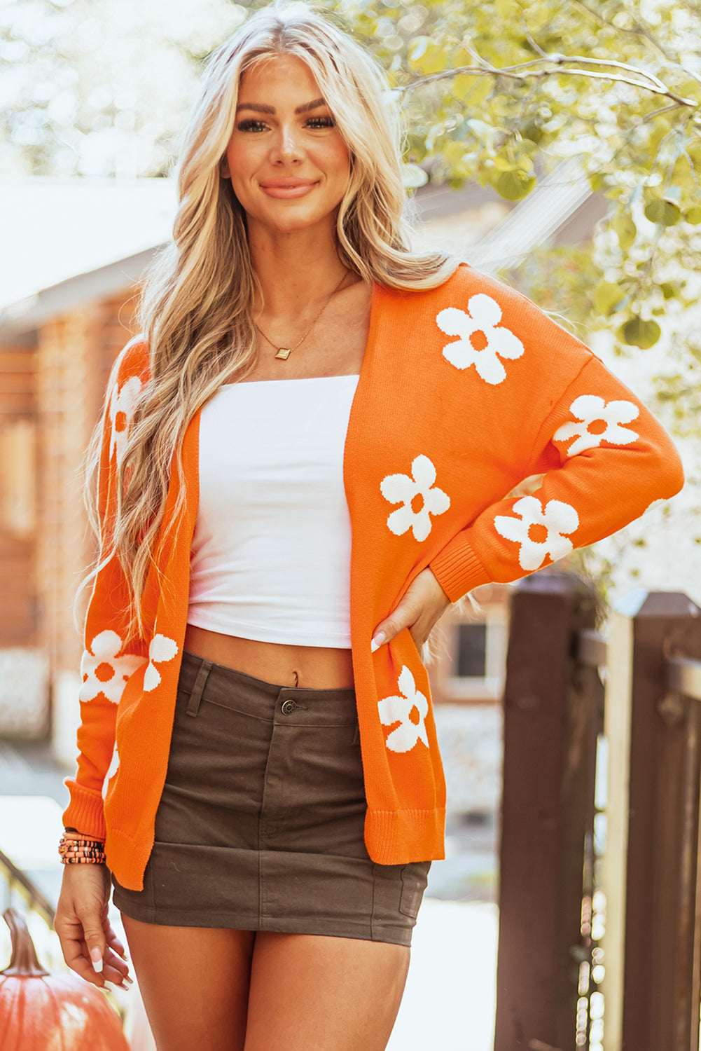 Orange Floral Print Cardigan