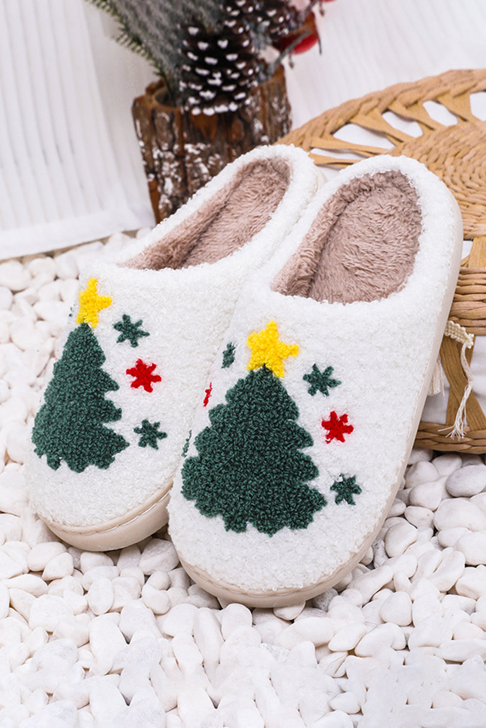 Fuzzy Christmas Tree Slippers