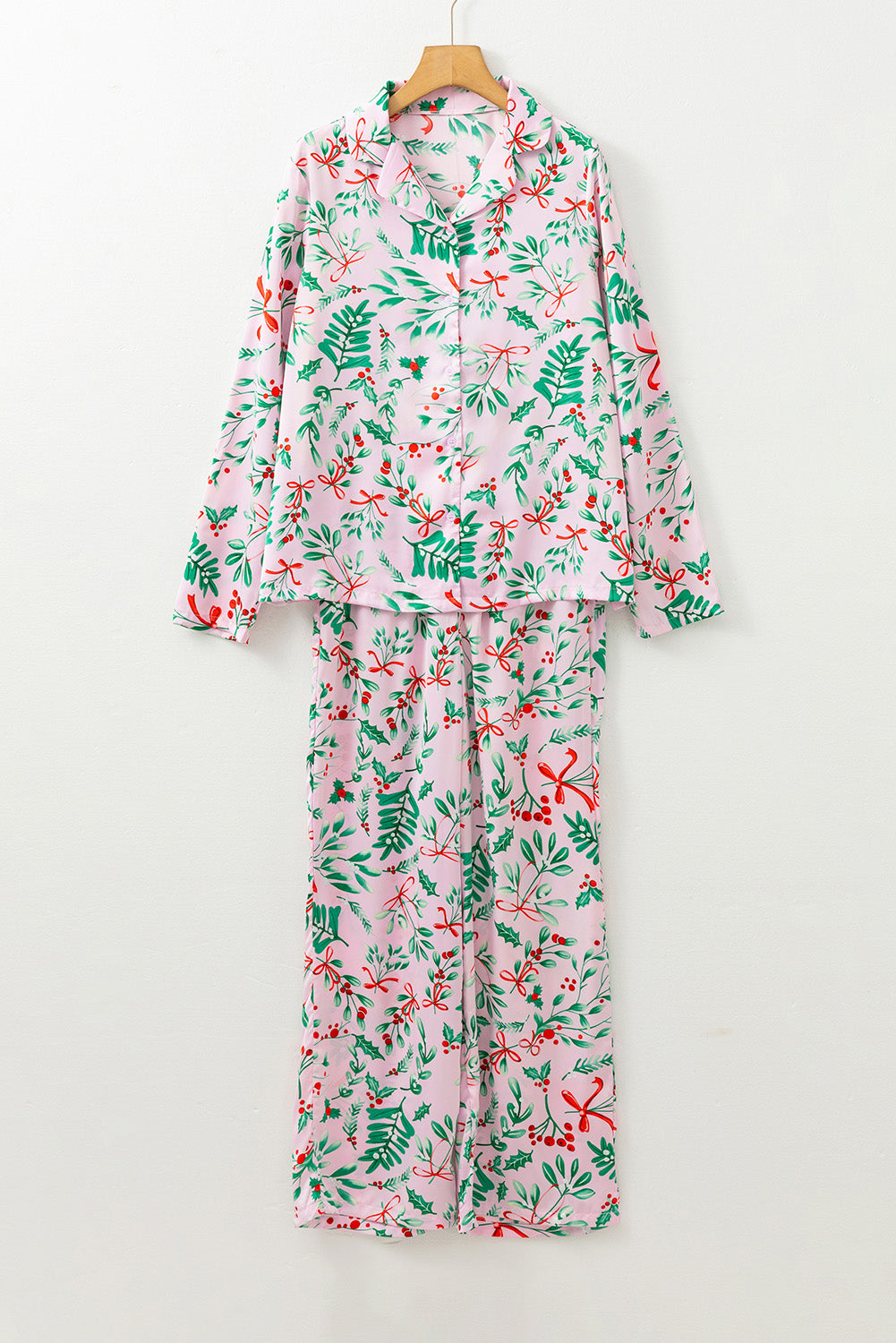 Pink Christmas Plant Satin Pajamas