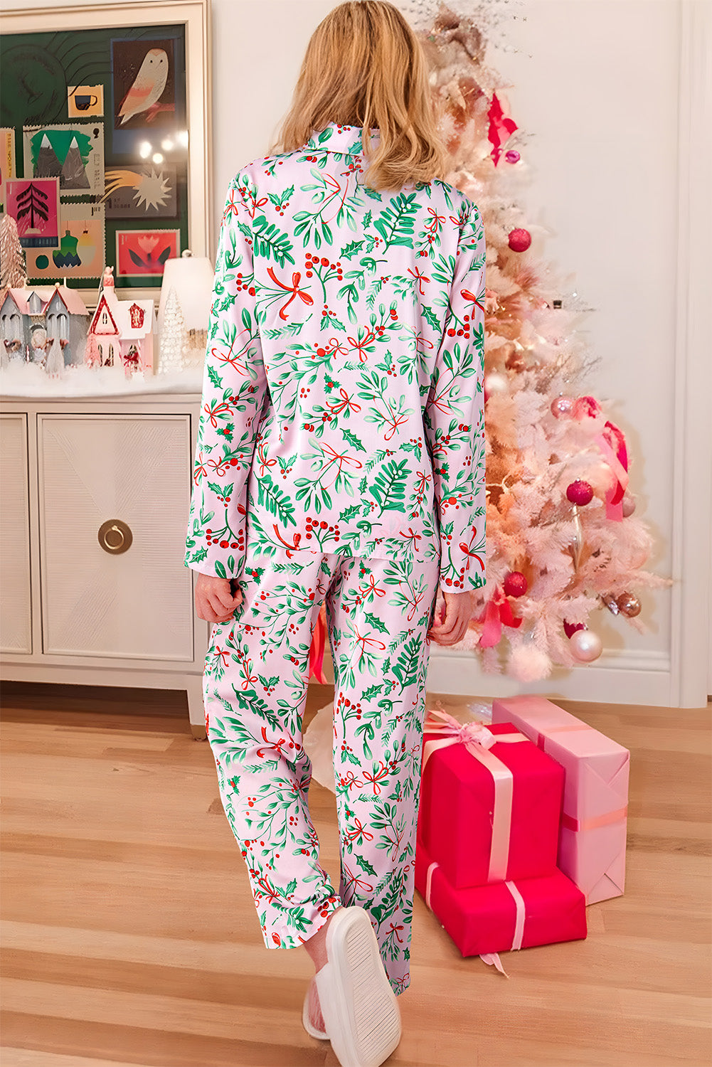 Pink Christmas Plant Satin Pajamas