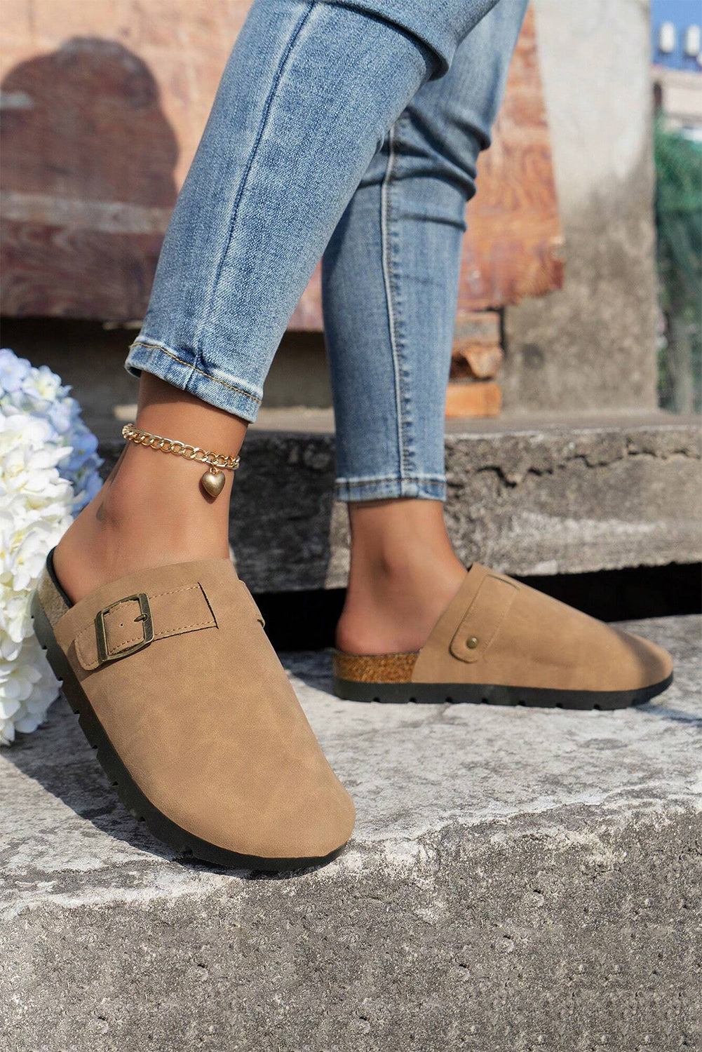 Beige Suede Buckle Shoes