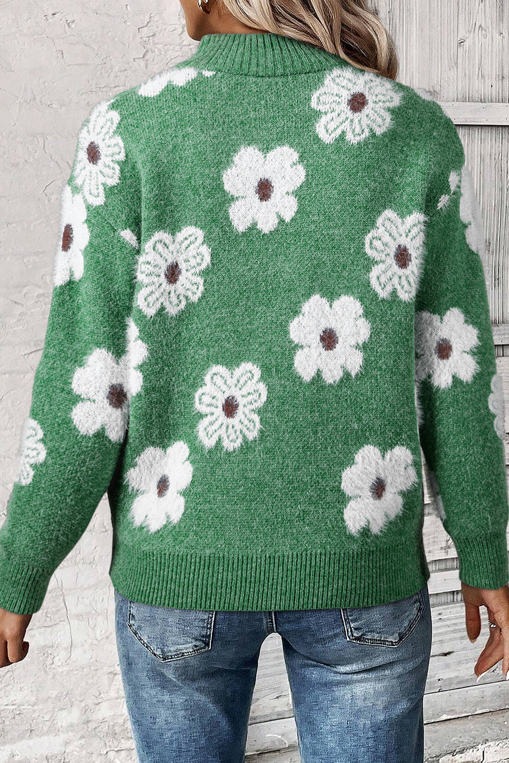 Green Floral Half Zip Sweater