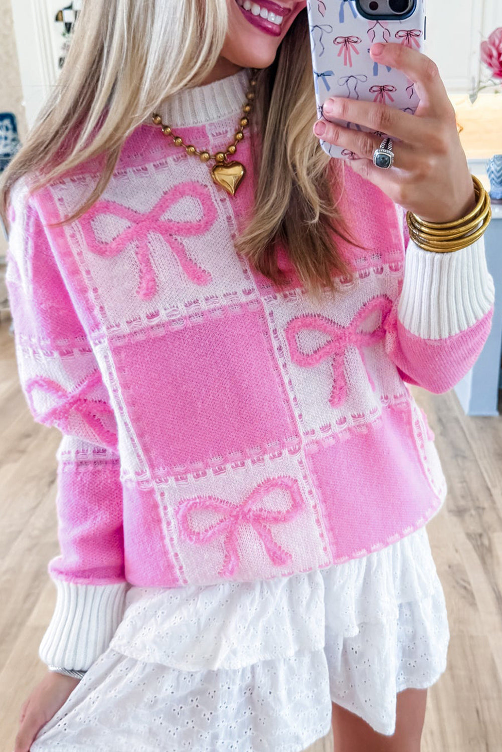 Pink Bow Checkered Sweater