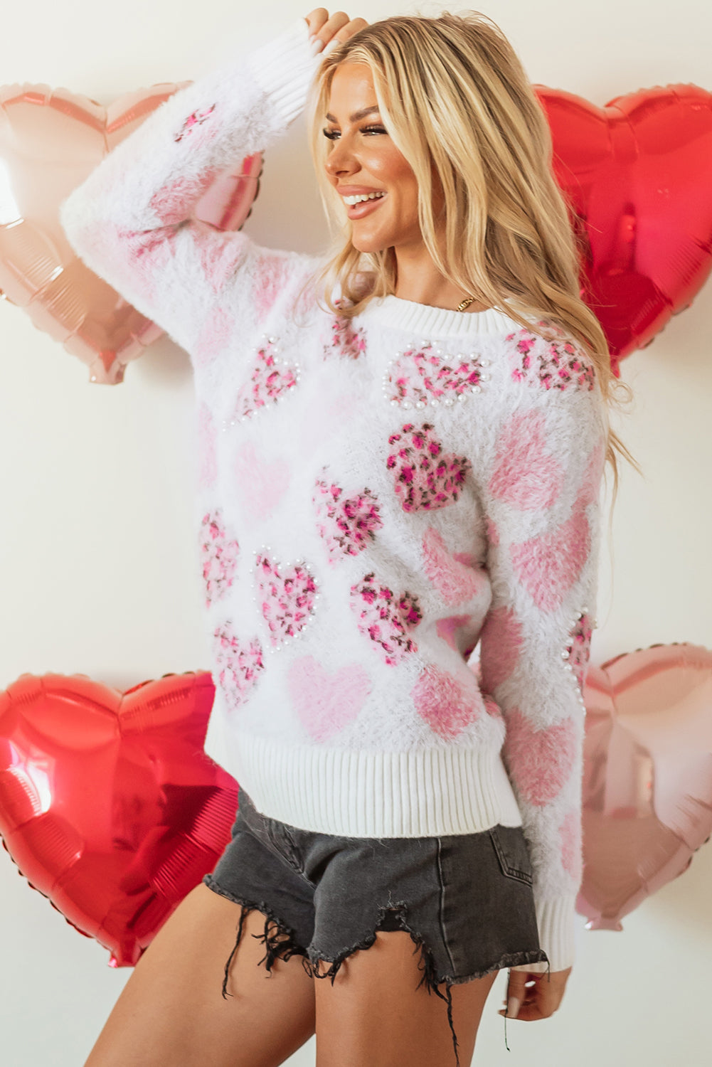 Pink Heart Leopard Fuzzy Sweater