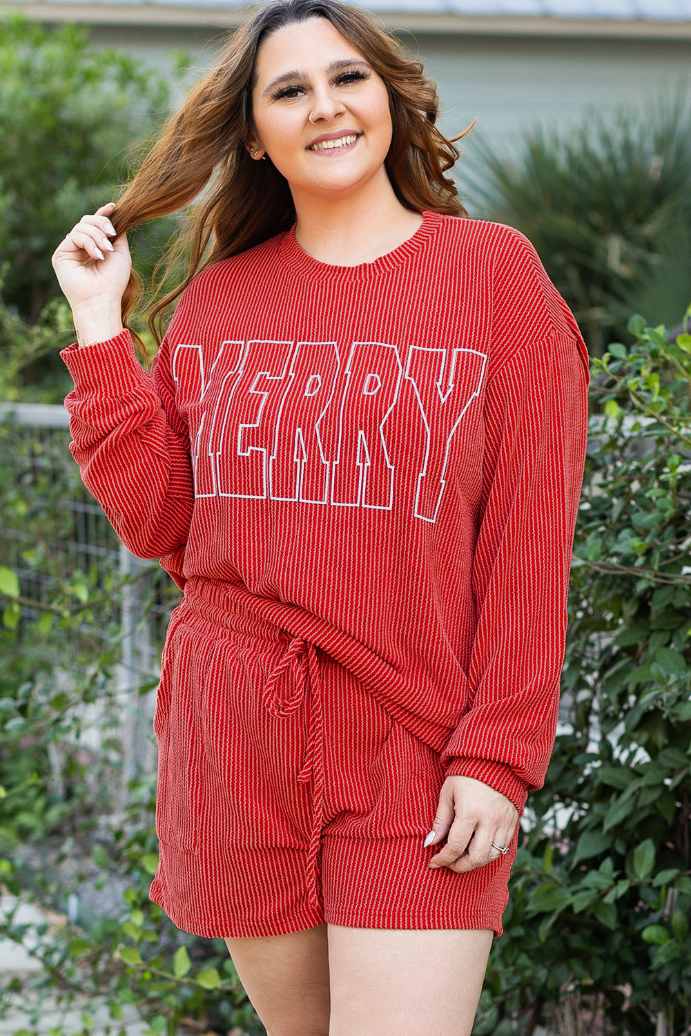 Red MERRY Ribbed Plus Size Set