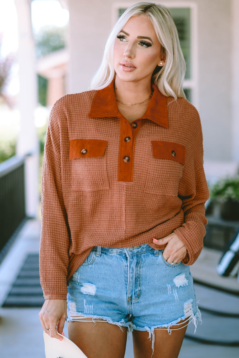 Brown Waffle Knit Button Top