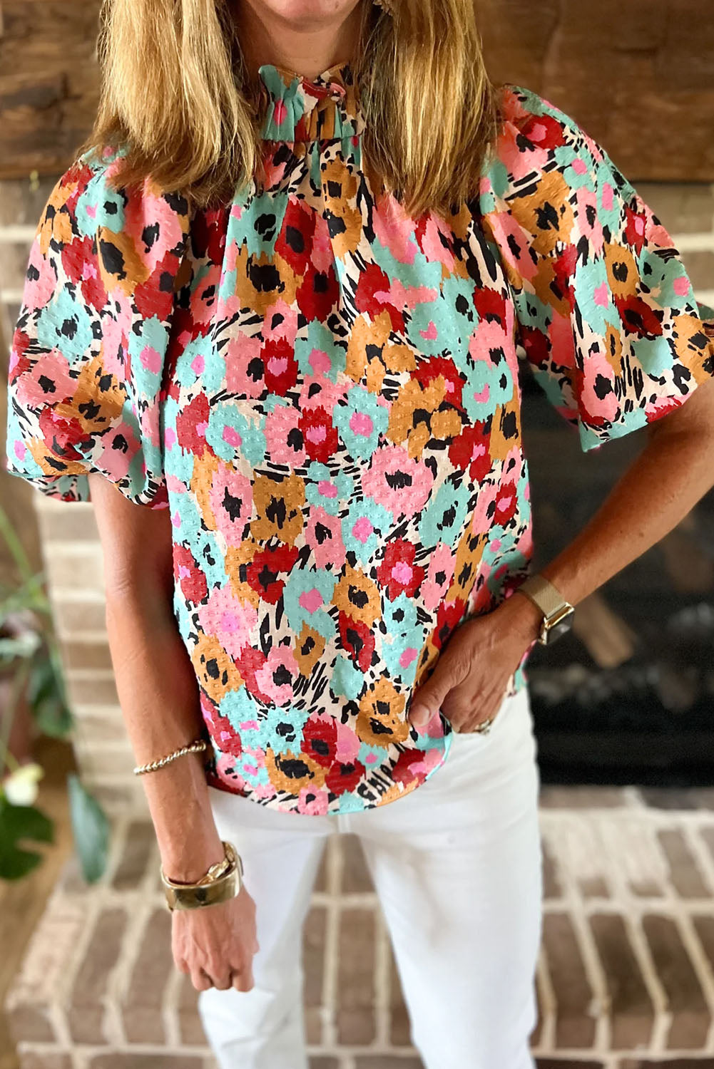 Frilled High Neck Buttons Back Floral Top