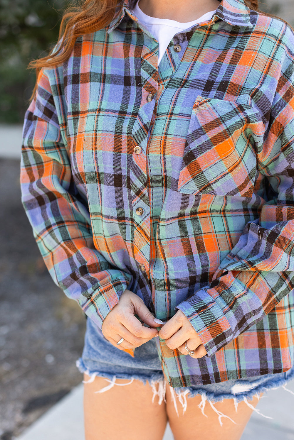 Orange Plus Size Plaid Print Buttoned Shirt