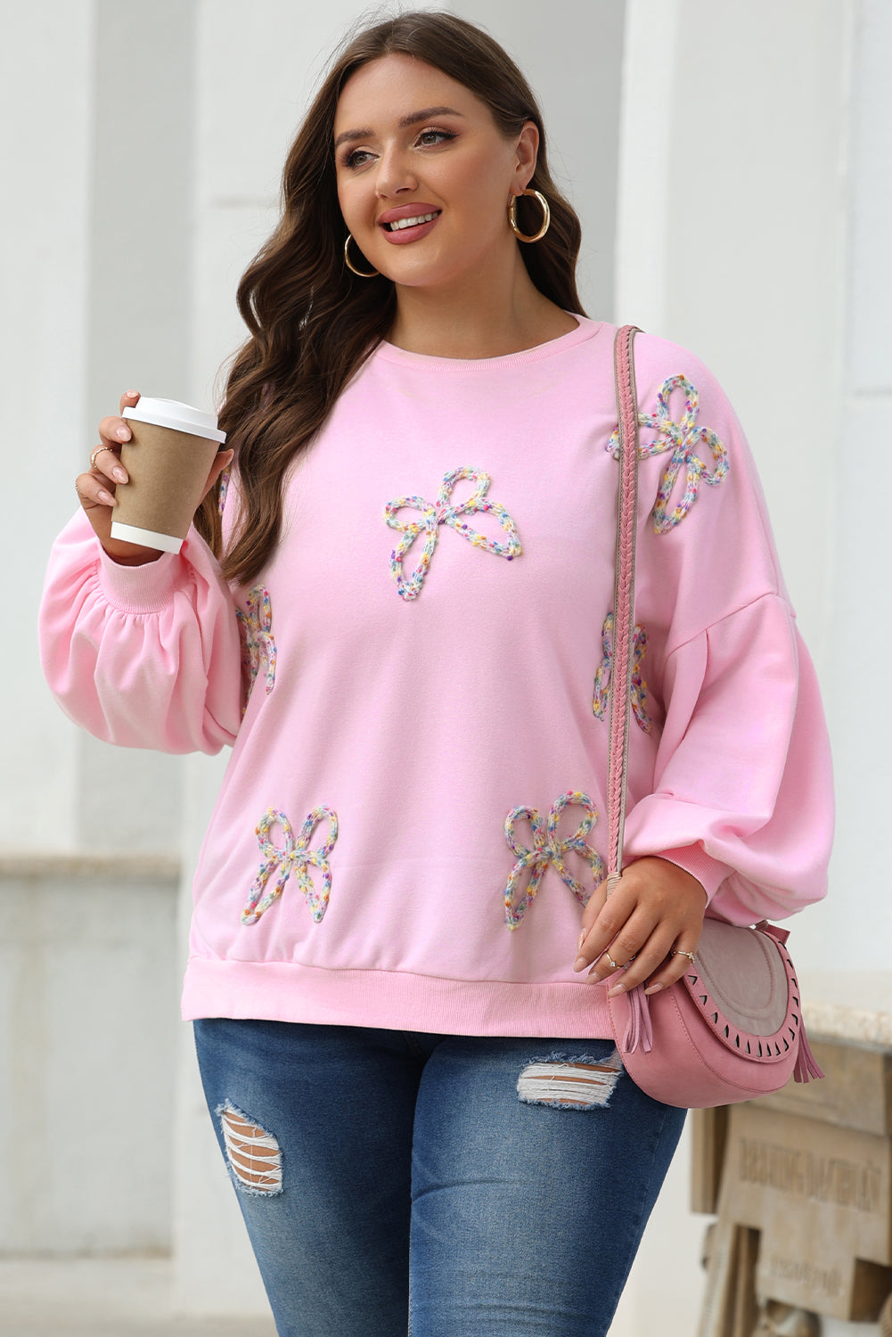 Light Pink Embroidered Bow Sweatshirt