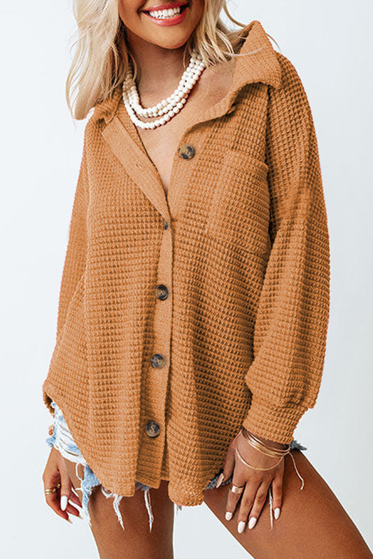 Brown Waffle Knit Button Up Top