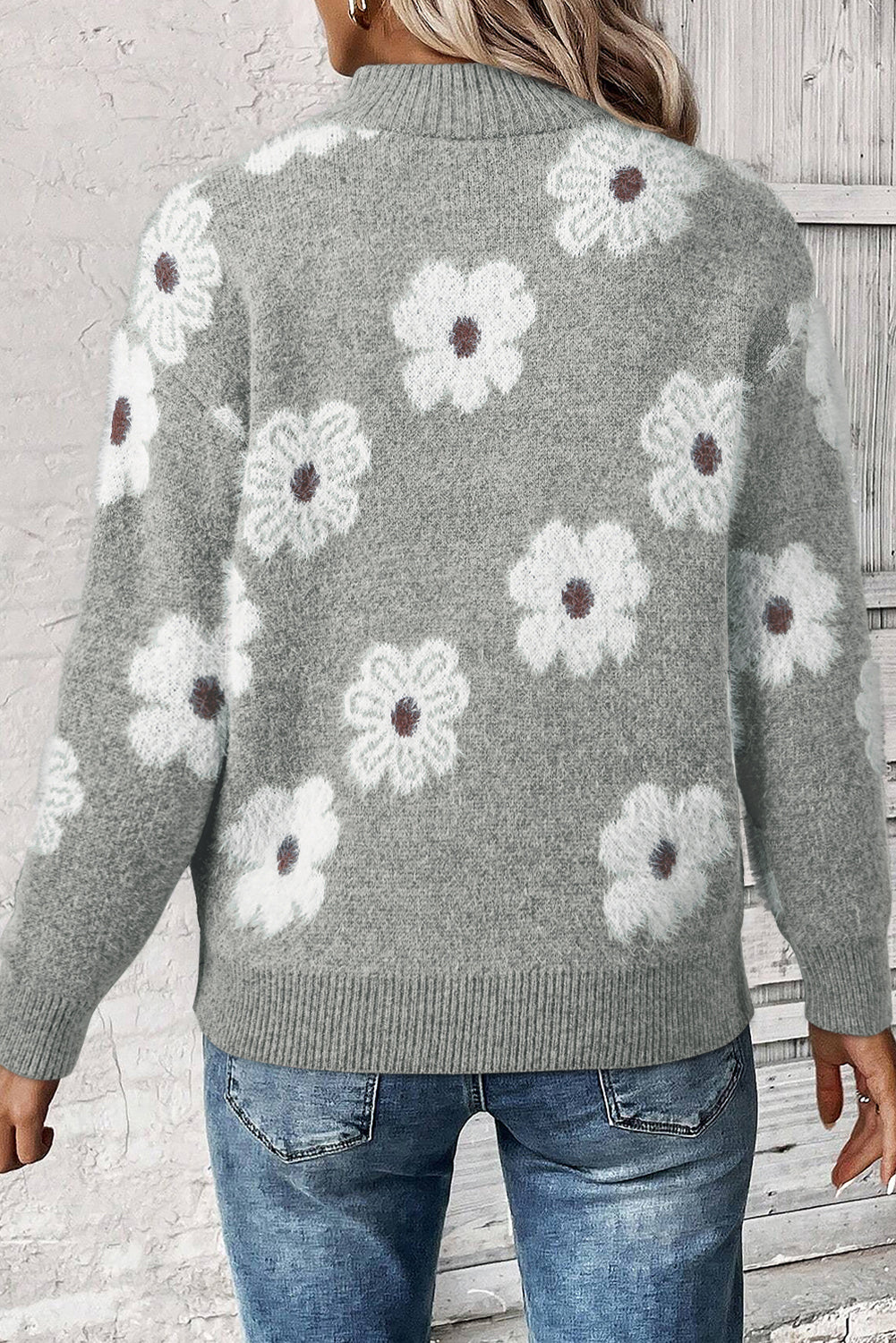 Gray Floral Half Zip Drop Sweater