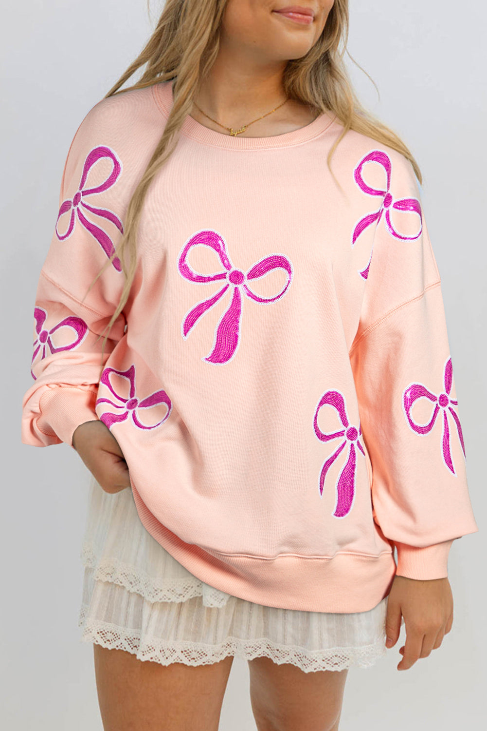 Pink Sequined Bow Oversized Top