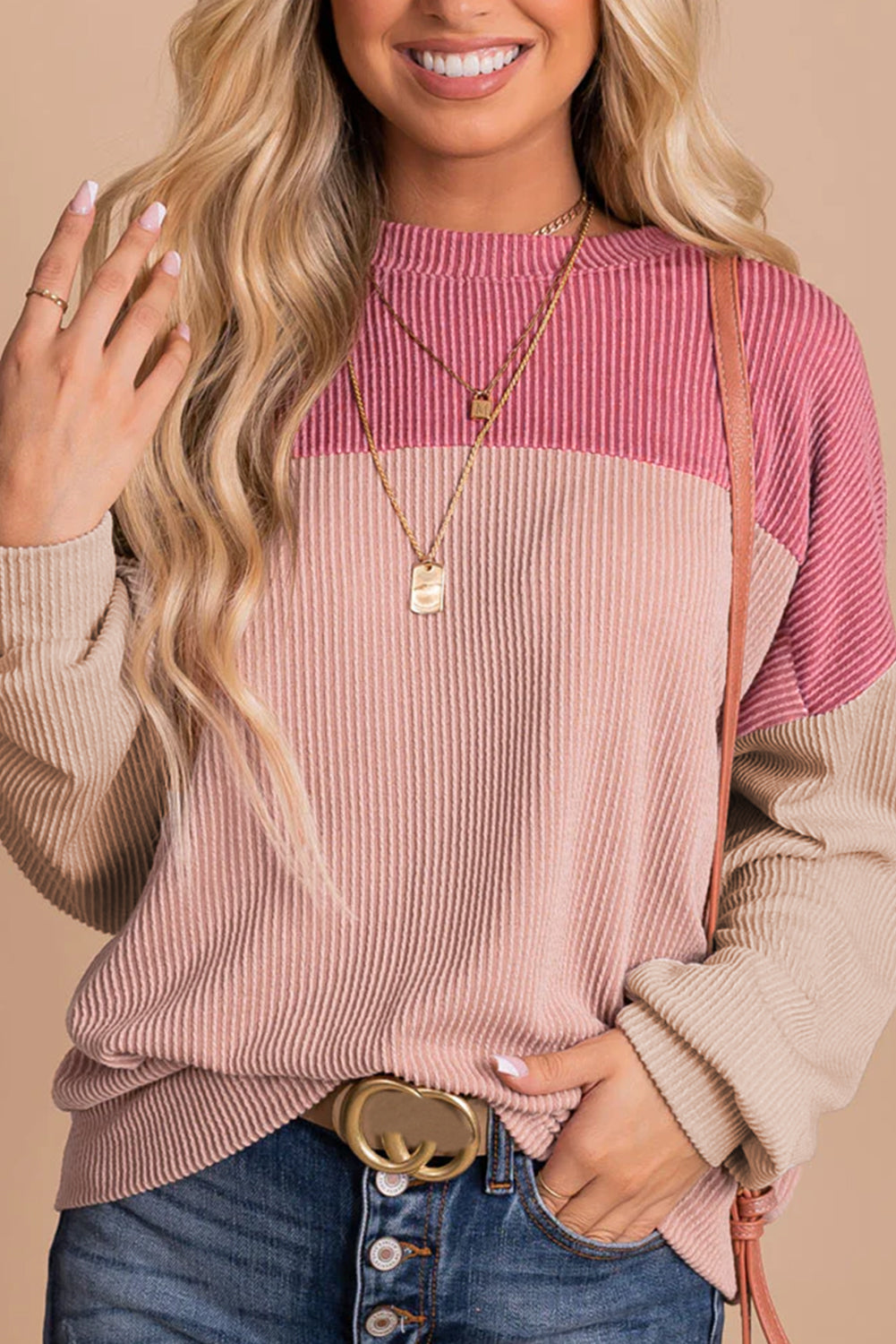 Blush Color Block Ribbed Top