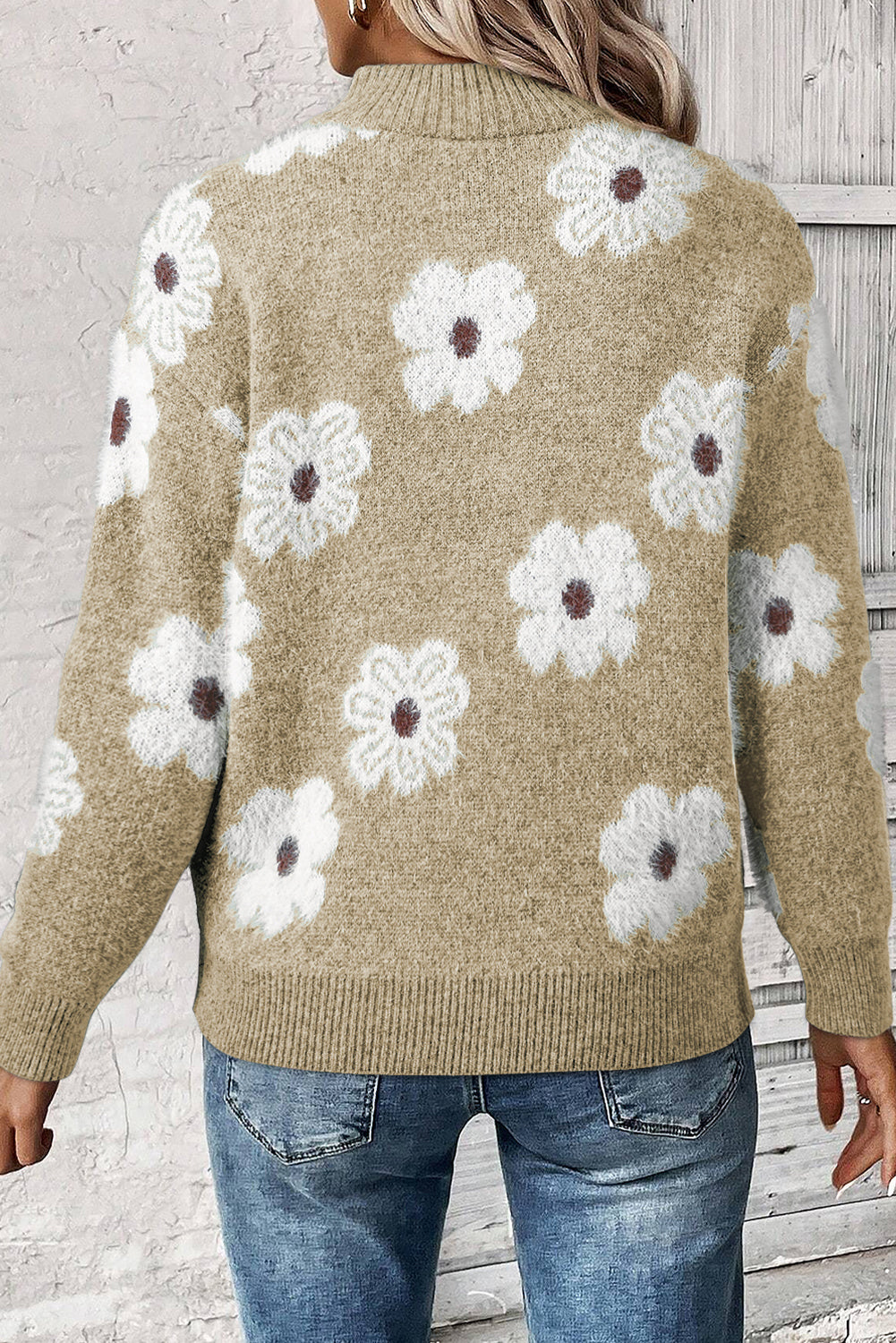 Oatmeal Floral Half Zip Sweater