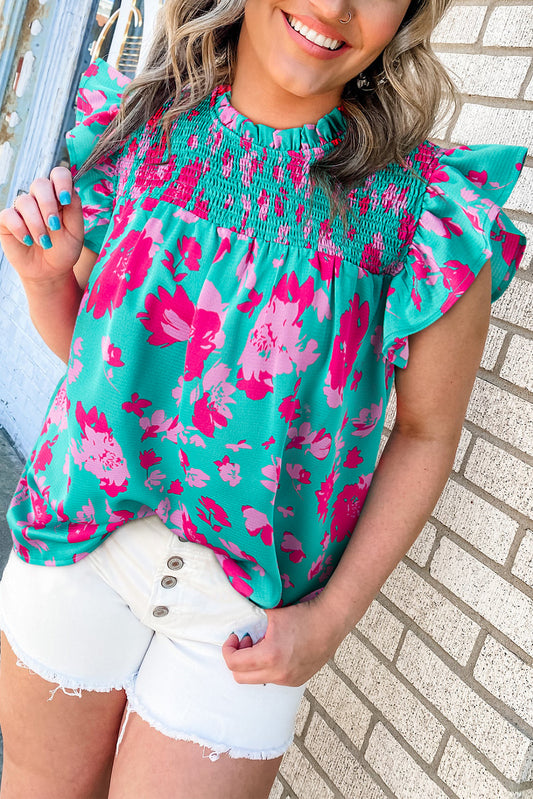 Green Floral Ruffled Top