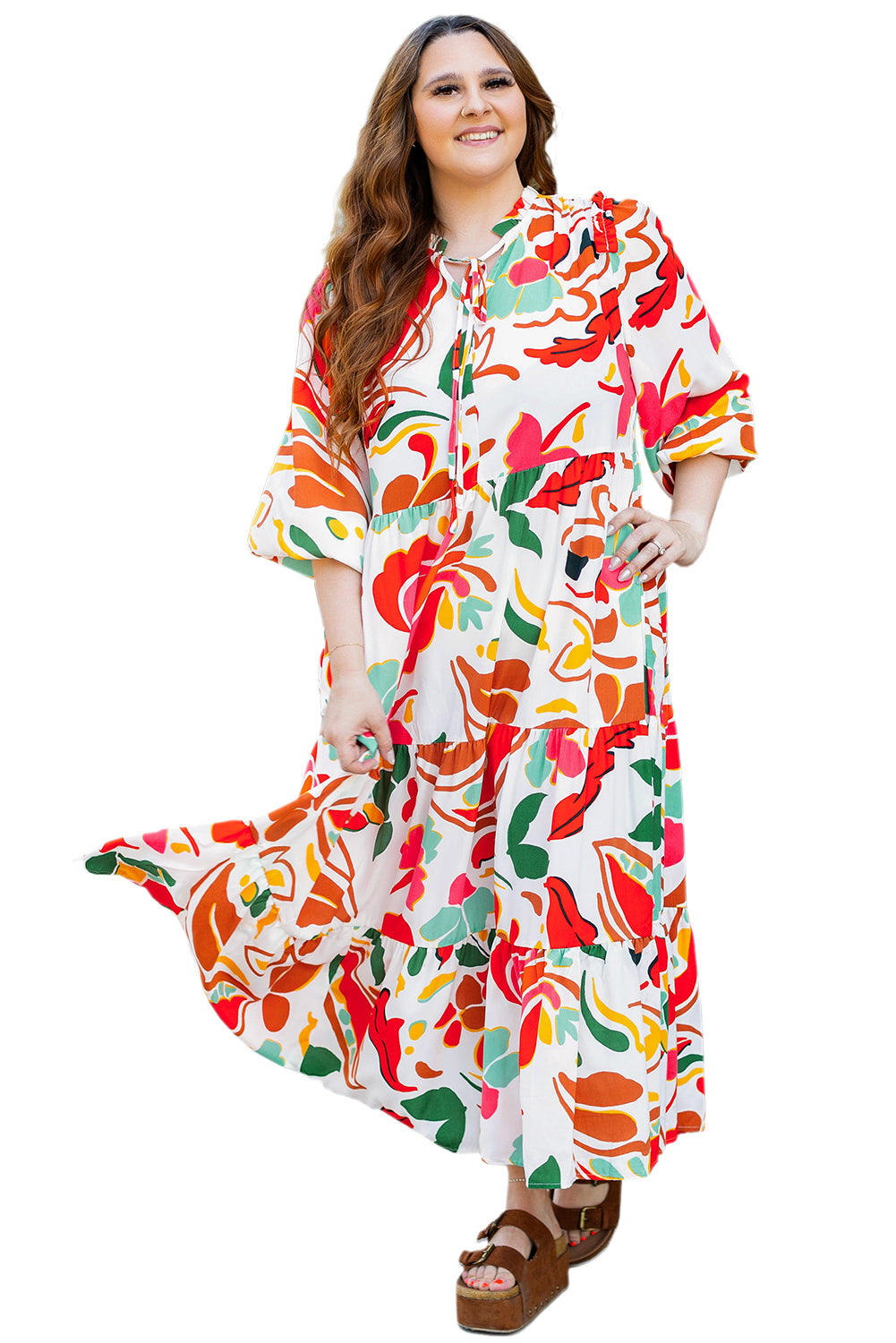 Orange Floral Print Drawstring Plus Size Dress