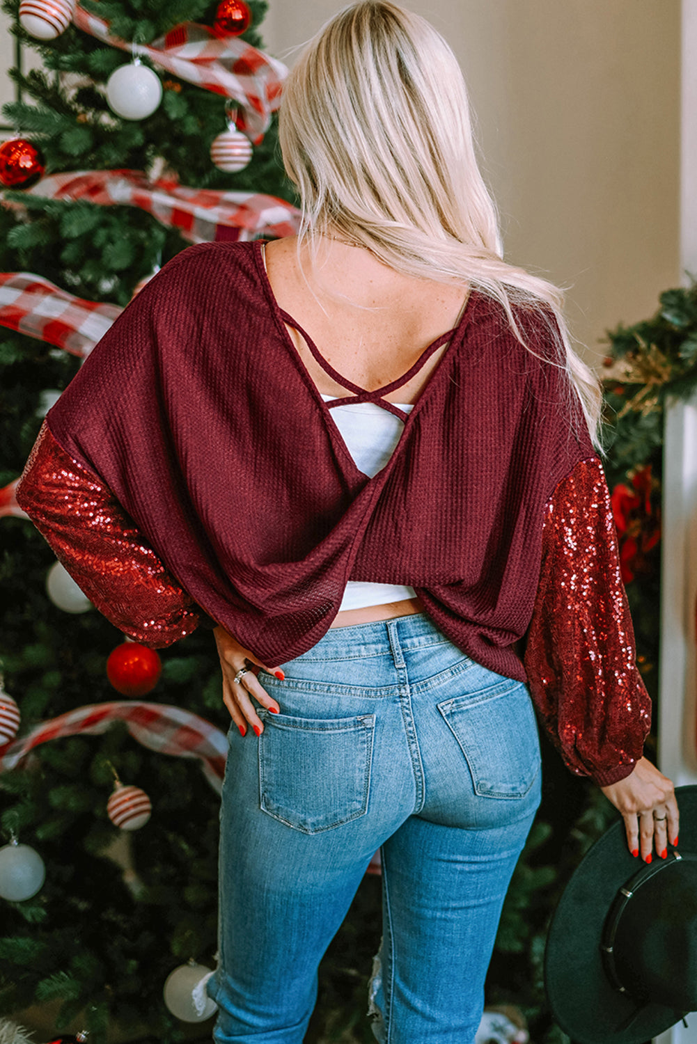 Burgundy Sequin Sleeve Top