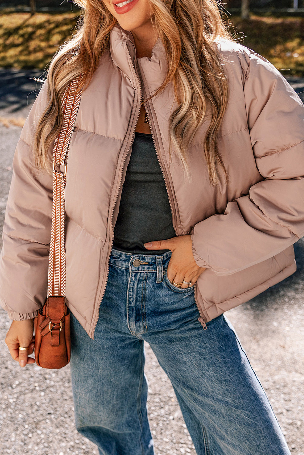 Apricot Pink Full Zipper Puffer Jacket