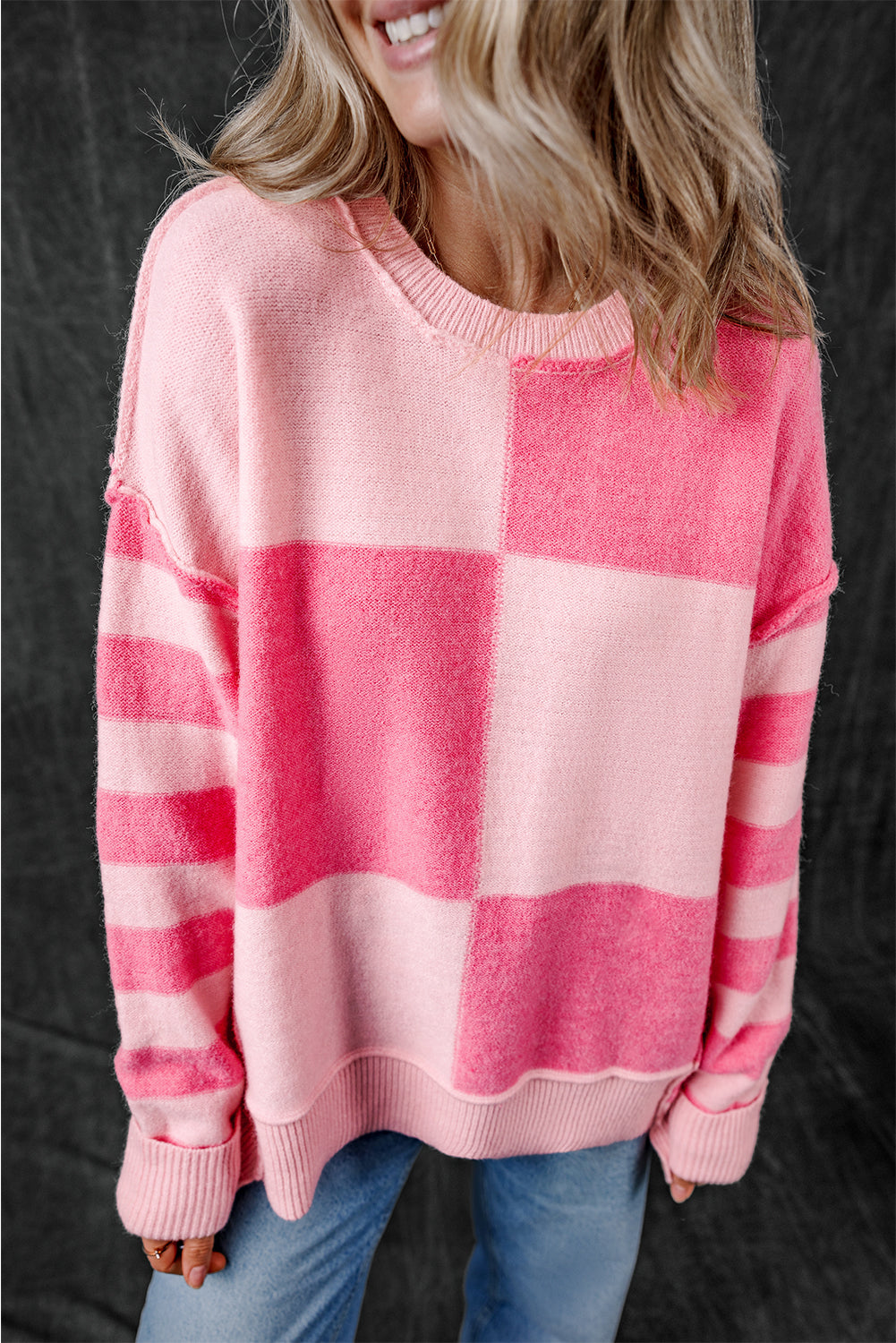 Pink Checkered Colorblock Sweater