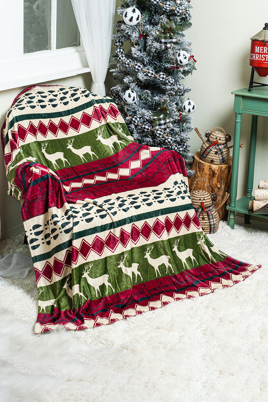 Dark Green Christmas Elk Reversible Sherpa Fleece Blanket