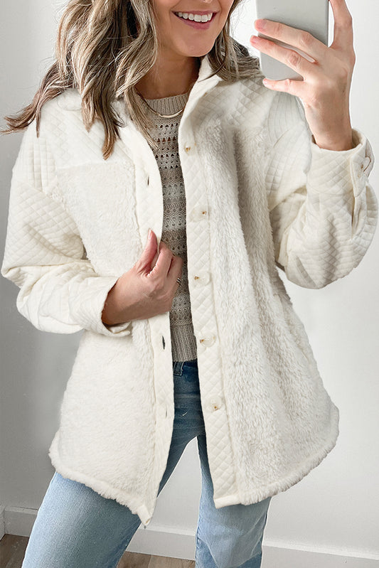 White Solid Color Quilted Sherpa Shacket