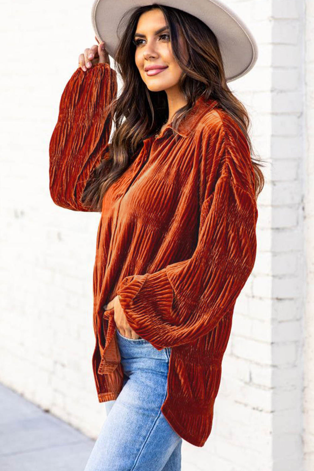 Burnt Orange Velvet Button Up Top