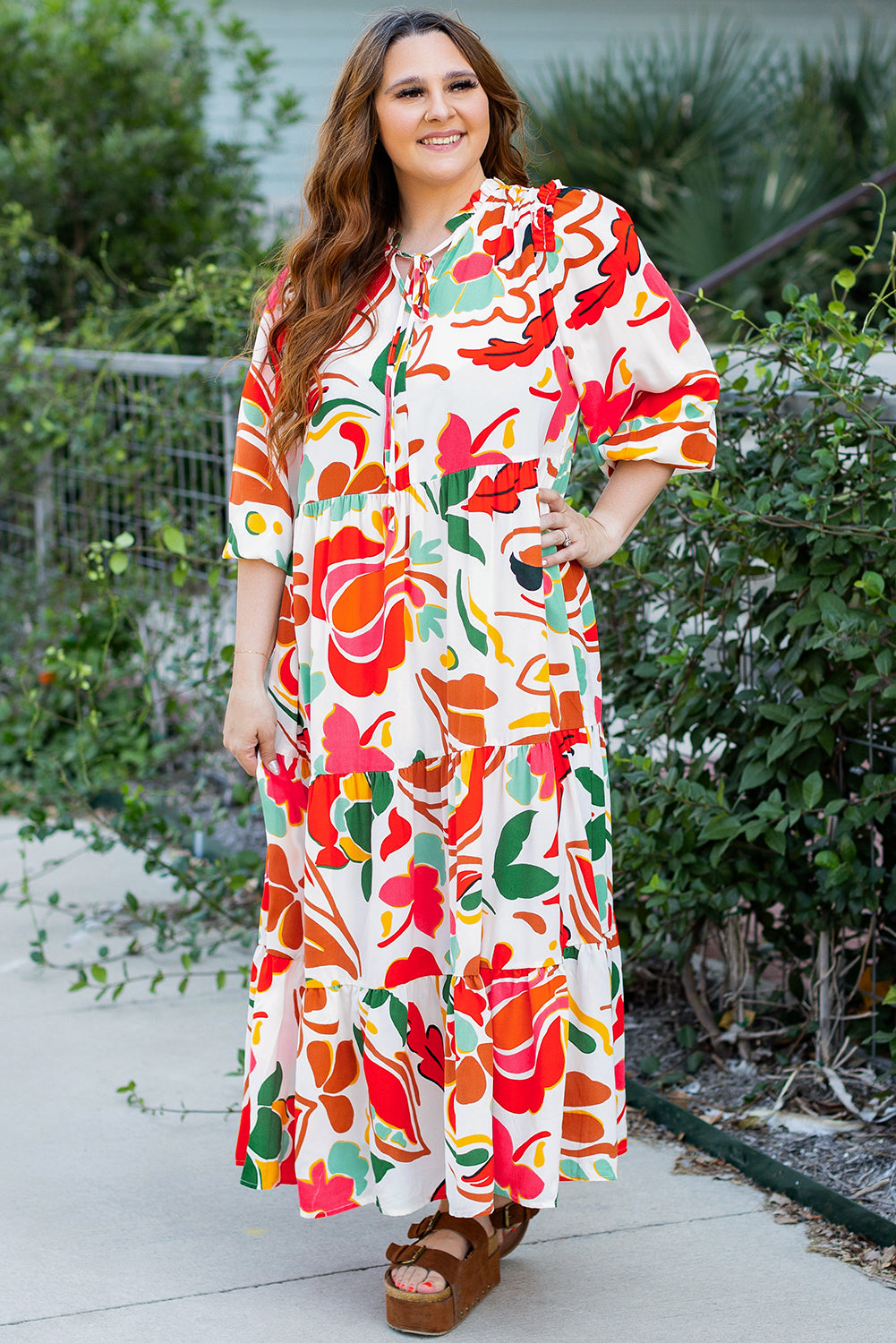 Orange Floral Print Drawstring Plus Size Dress