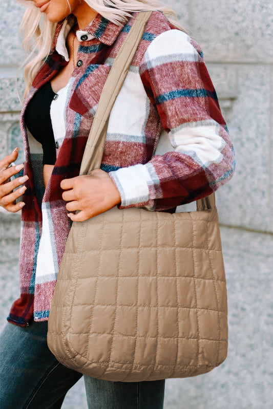 Beige Quilted Zipper Large Shoulder Bag