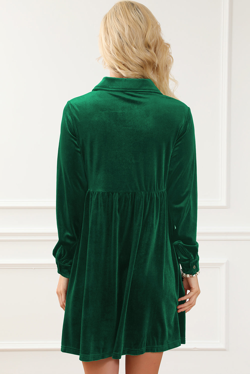 Green Long Sleeve Ruffle Velvet Dress