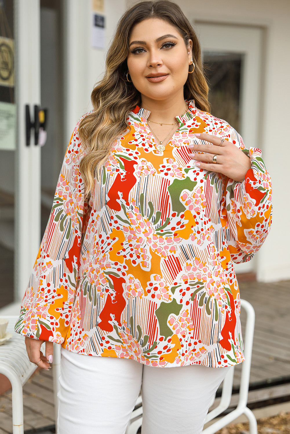 Orange Printed Floral Plus Size Top