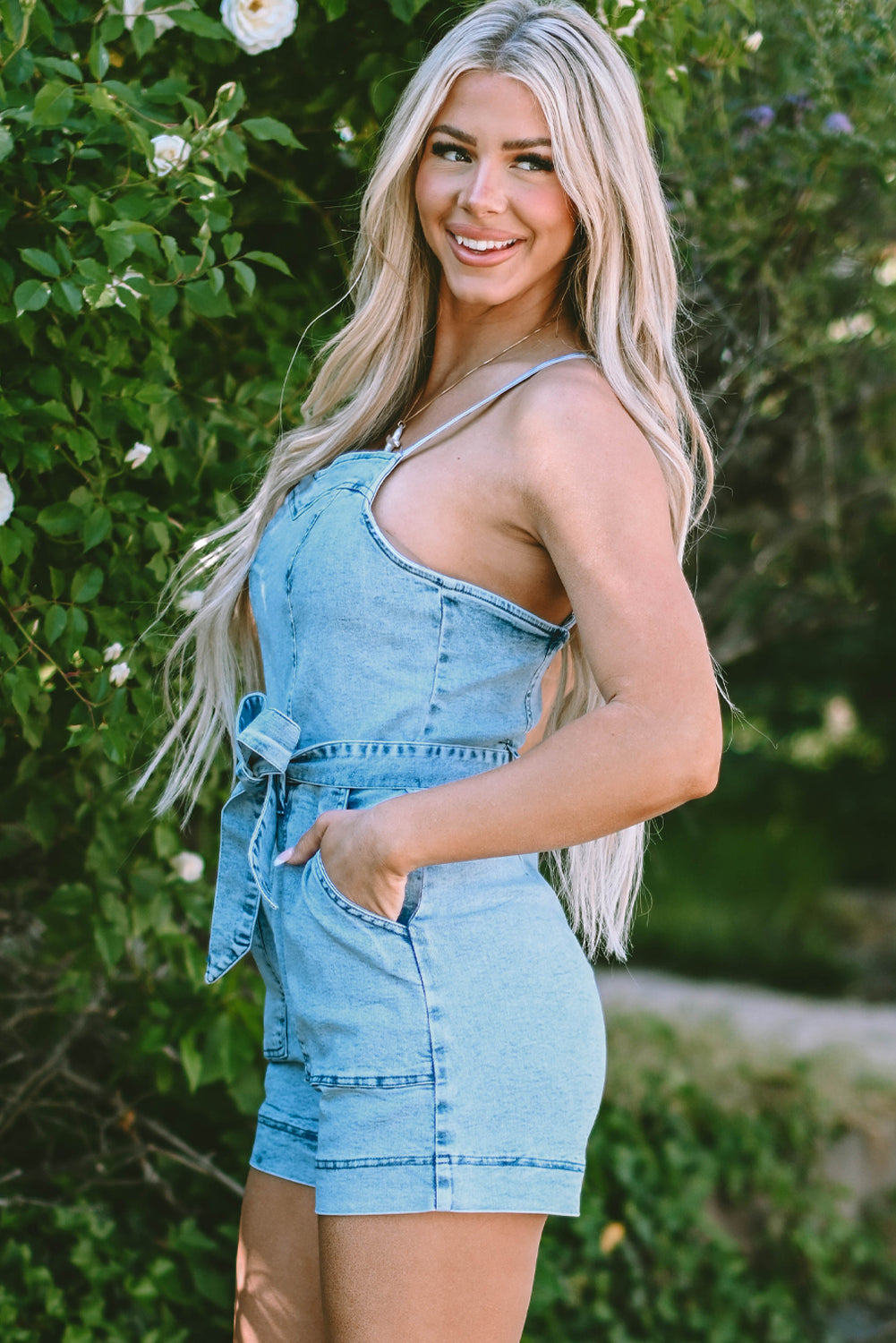 Blue Spaghetti Straps Belted Denim Romper