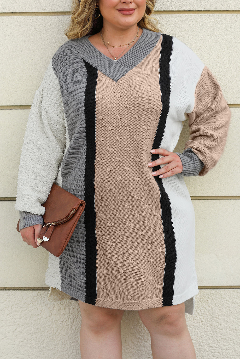 Apricot Mixed Color Block Plus Size Sweater Dress