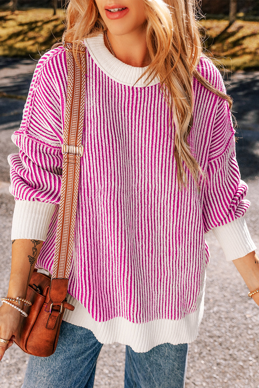 Bright Pink Striped Textured Sweater