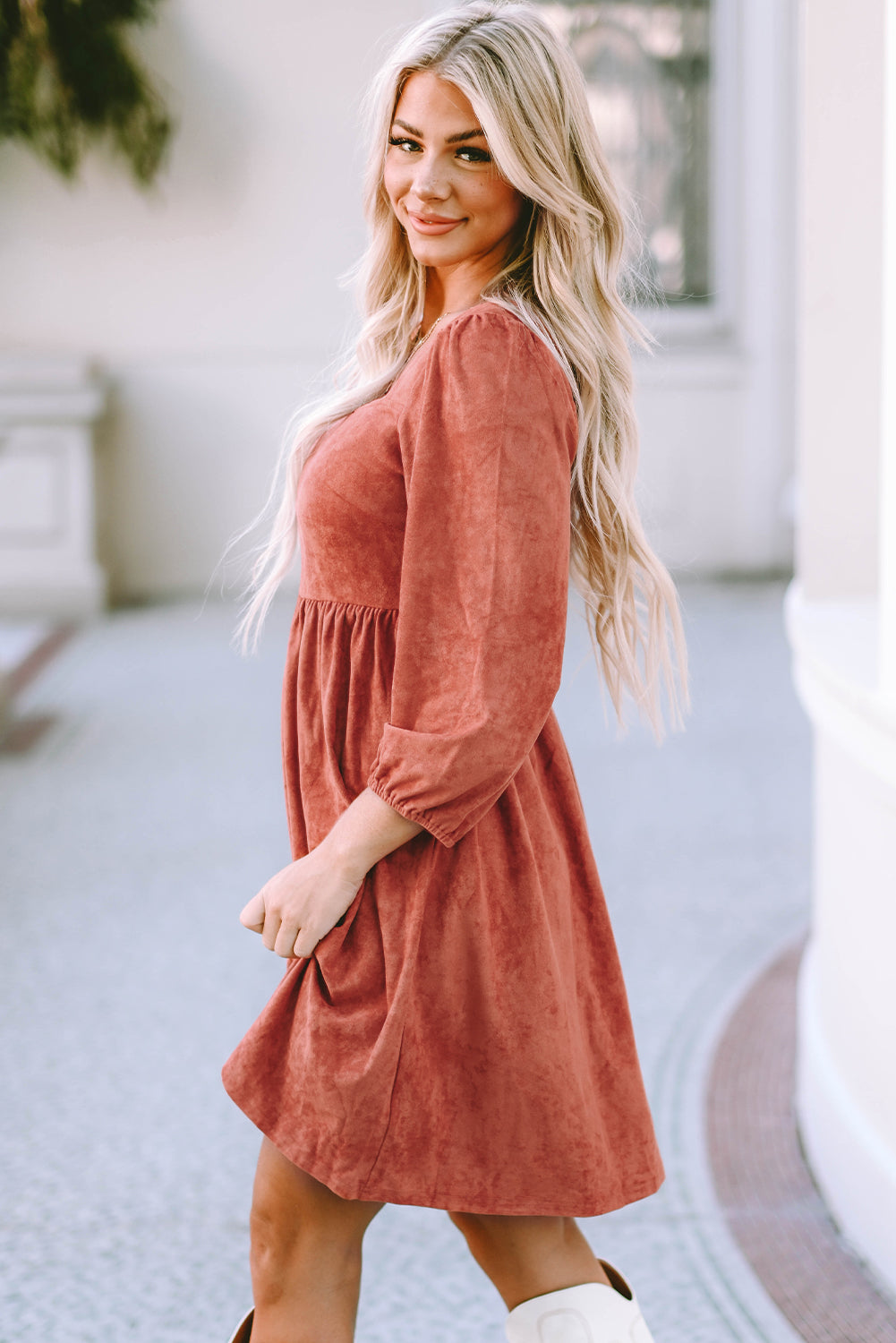 Brown Suede Square Neck Dress