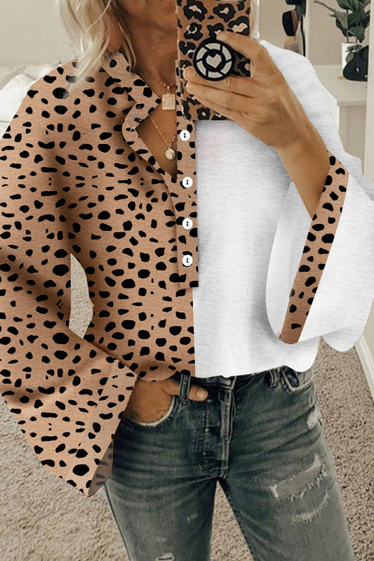 Khaki Leopard Half Button Casual Top