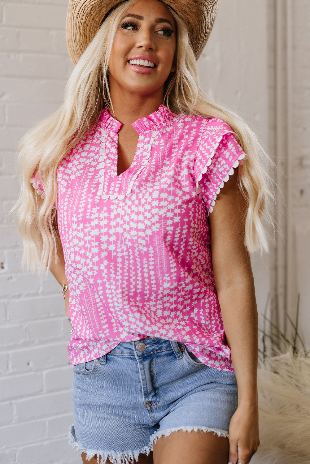 Pink Abstract Print V Neck Top