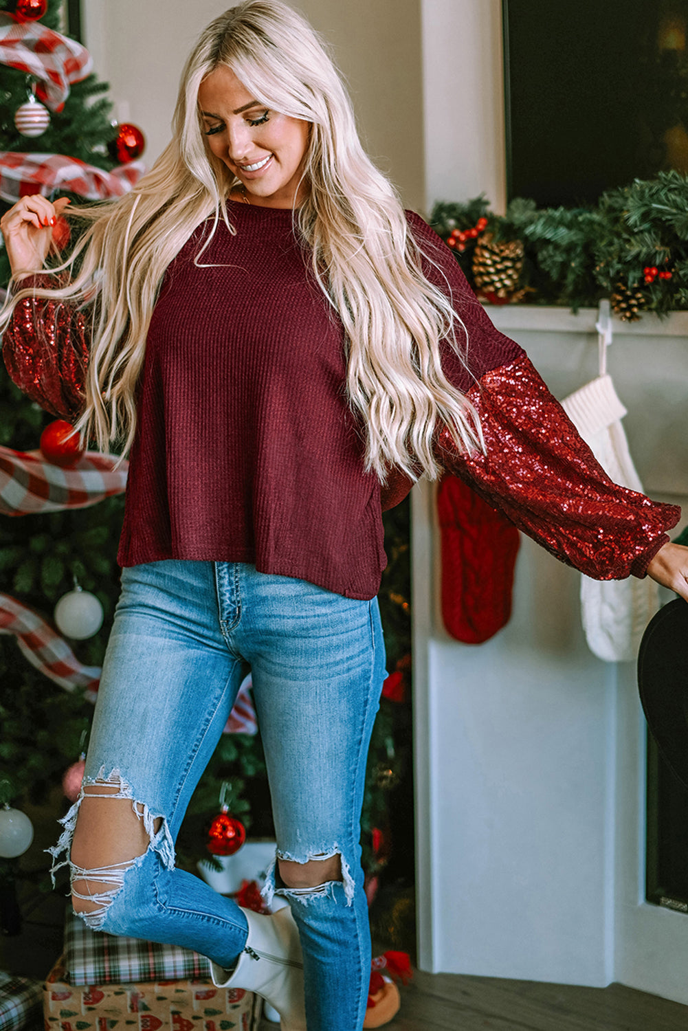 Burgundy Sequin Sleeve Top