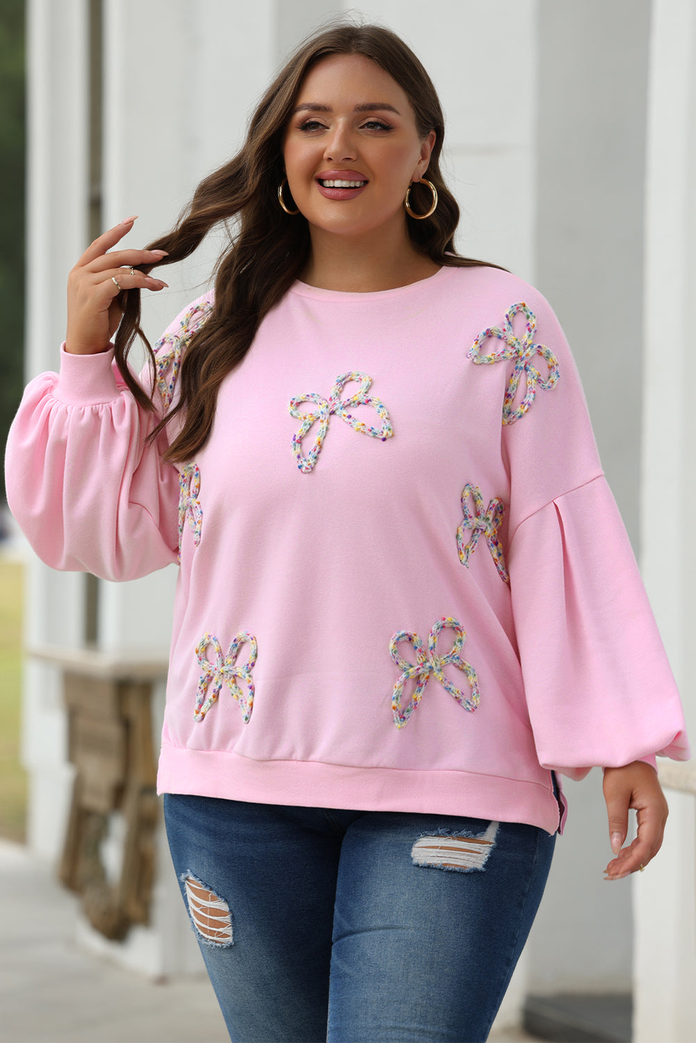 Light Pink Embroidered Bow Sweatshirt