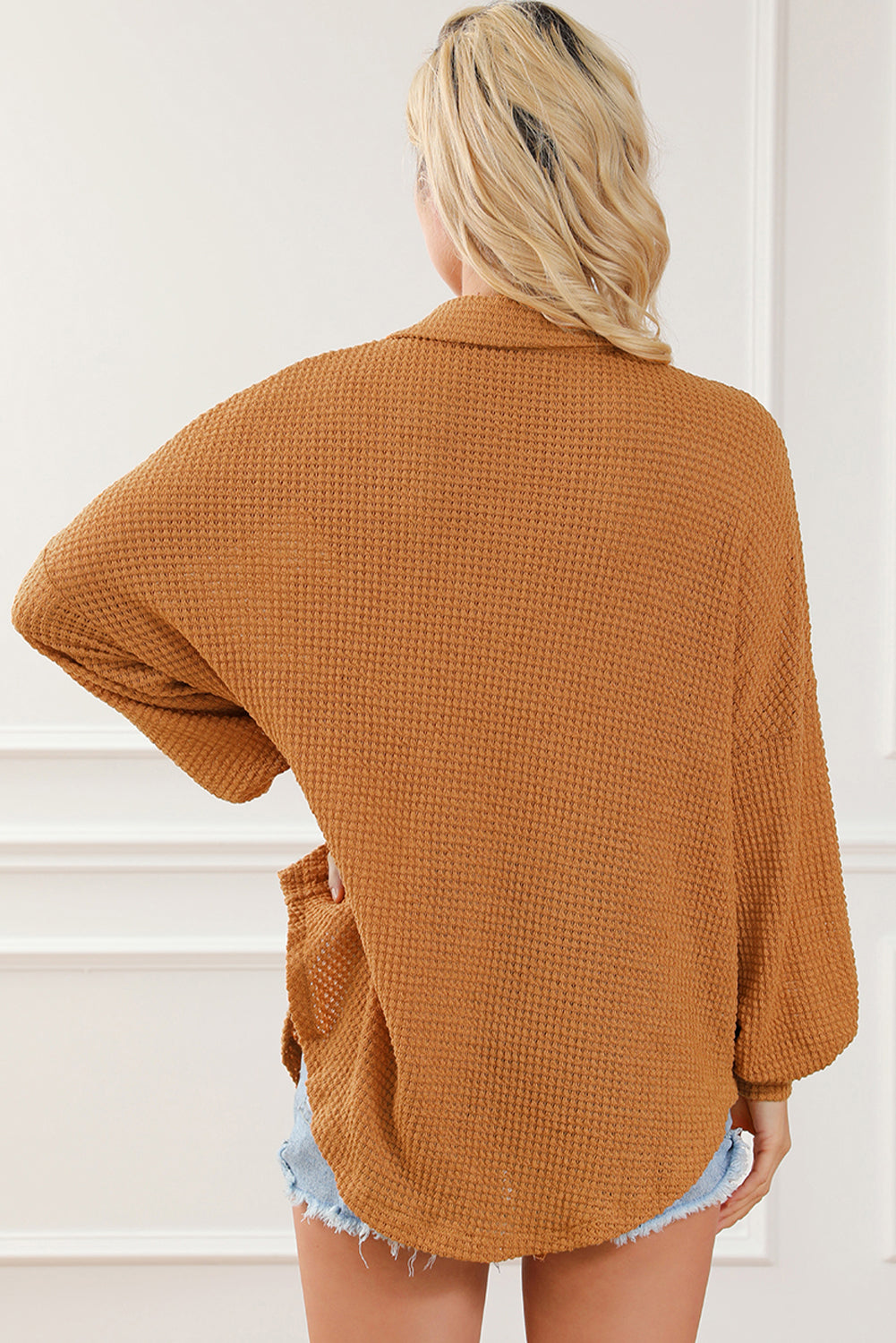 Brown Waffle Knit Button Up Top