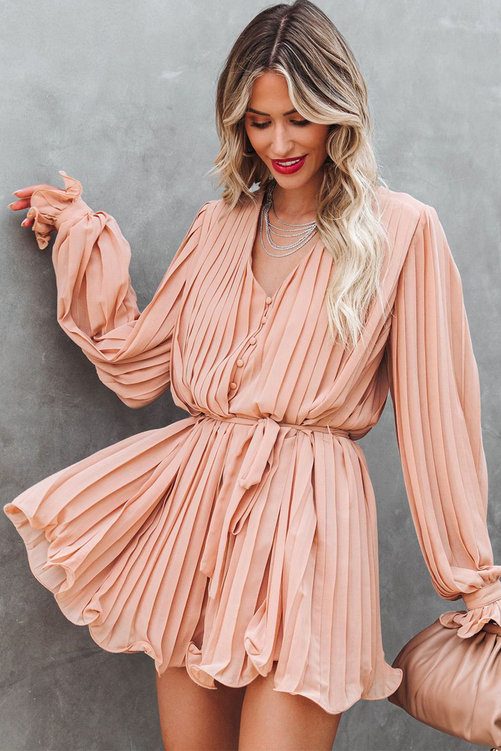 Pink Pleated Ruffled Romper